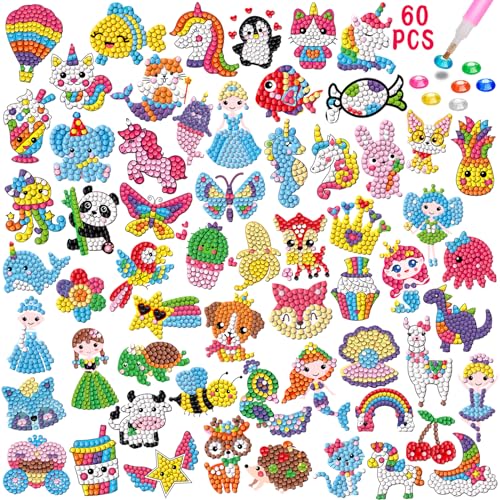 EFNHJF5 60 StückDiamondPainting KinderTiere, Diamond Painting Sticker,Bastelset Mädchen 5 6 7 8 9 10 11 12 Jahre,Bastelset Kinder Spielzeug ab 5-12 Jahre,Geburtstagsgeschenk für Jungen und Mädchen von EFNHJF5