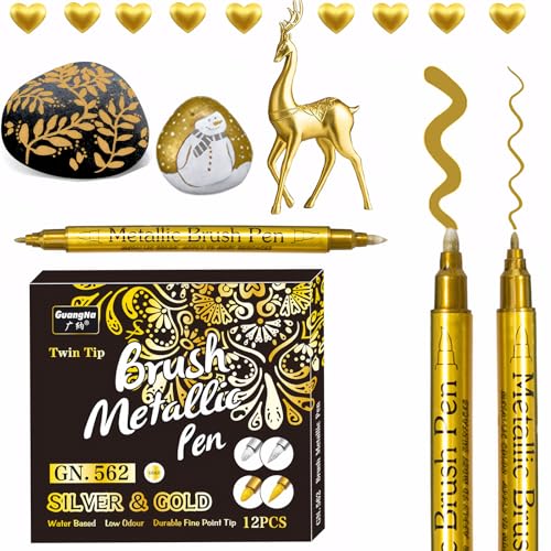 EFNHJF5 12 Stück Gold Metallic Marker Stifte,Metallic Stifte Dünn 0.5-3.0 mm Dual Tip Set für Fotoalbum,Gästebuch,Osterdekoration,Glas,Keramik,Steinmalerei, Bastelsachen EFNHJF5 12 Stück Gold Metallic Marker Stifte,Metallic Stifte Dünn 0.5-3.0 mm Dual Tip Set für Fotoalbum,Gästebuch,Osterdekoration,Glas,Keramik,Steinmalerei, Bastelsachen von EFNHJF5