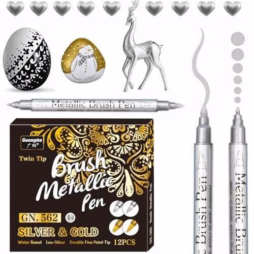EFNHJF5 12 Stück Silber Metallic Marker Stifte,Metallic Stifte Dünn 0.5-3.0 mm Dual Tip Set für Fotoalbum,Gästebuch,Osterdekoration,Glas,Keramik,Steinmalerei, Bastelsachen (Silber) von EFNHJF5