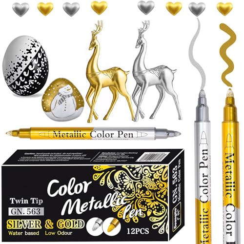 Gold und Silber Metallic Marker Stifte,12 Stück Dual Tip Gold und Silber Metallic Stifte Set für Fotoalbum,Gästebuch,Osterdekoration,Glas,Keramik,Steinmalerei, Bastelsachen,stifte für schwarzes papie Gold und Silber Metallic Marker Stifte,12 Stück Dual Tip Gold und Silber Metallic Stifte Set für Fotoalbum,Gästebuch,Osterdekoration,Glas,Keramik,Steinmalerei, Bastelsachen,stifte für schwarzes papie von EFNHJF5