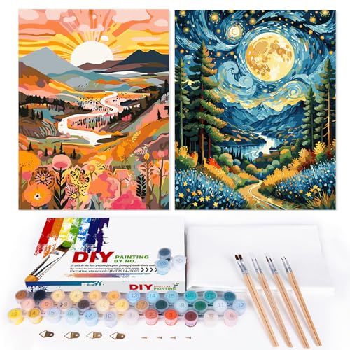 EFOTIML Malen-nach-Zahlen-Set für Erwachsene, Anfänger und Kinder im Alter von 8–12 Jahren, 40,6 x 50,8 cm, Leinwand für Malsets für Erwachsene, in bunter Box (ohne Rahmen), Sonne und Berg (2 Stück) von EFOTIML