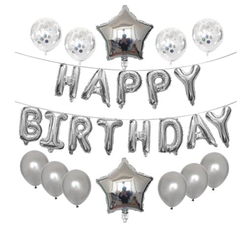 13 tlg. Set Luftballon mit Schriftzug Happy Birthday silber von EGB