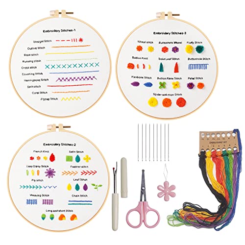 Huimai Stickset für Anfänger 3 Stück Sticken Lernen Stickerei Stich Praxis Kits, 30 Verschiedene Stiche für DIY Handmade Embroidery Starter und Erwachsene von Huimai