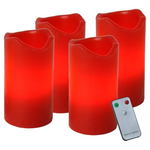 EGLO 4er Set flackernde LED Kerzen, künstliche Stumpenkerzen flammenlos mit Timer-Funktion und Fernbedienung, batteriebetriebene Wachskerzen aus Echtwachs in Rot, warmweiß, 10 cm von EGLO