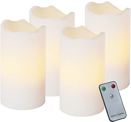 EGLO 4er Set flackernde LED Kerzen, künstliche Stumpenkerzen flammenlos mit Timer-Funktion und Fernbedienung, batteriebetriebene Wachskerzen aus Echtwachs in Weiß, warmweiß, 10 cm von EGLO