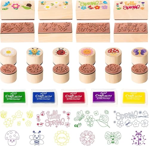 EGuangwiua 15Stück Frühling Hölzernes Tier Blume DIY Gummi Briefmarken Satz für Kinder Klassenzimmer Kunsthandwerk Karte Scrapbooking Herstellung Geburtstag Geschenk Party Dekoration Zubehör von EGuangwiua