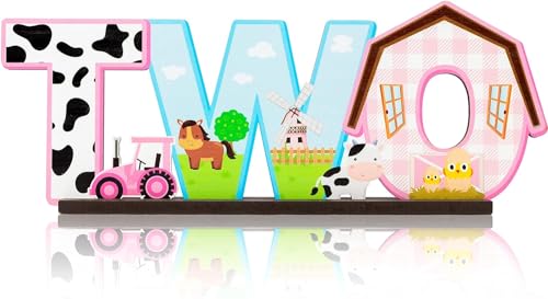 EGuangwiua Bauernhof Zwei Tisch-Dekoration - Rosa Bauernhof-Tiere Zwei Briefzeichen Holz Tisch-Dekoration 2. Geburtstag Bauernhof-Party Schild Zwei Jahre Alt Geburtstag-Party-Dekorationen Baby-Dusche von EGuangwiua