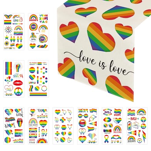 1 Herz-Regenbogen-Tischdecke, 10 Regenbogen-Gesichtsaufkleber, Pride-Party-Tischdecke, Bunt Gestreifter Tischläufer, Langer Tischläufer, Party-Tischdekoration 1 Herz-Regenbogen-Tischdecke, 10 Regenbogen-Gesichtsaufkleber, Pride-Party-Tischdecke, Bunt Gestreifter Tischläufer, Langer Tischläufer, Party-Tischdekoration von EHDWXVZM