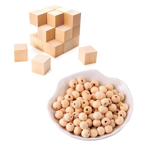 300 Stück Würfelholzblöcke, 2 Packungen Mit 200 Stück Holzperlen, Kleine Holzwürfel, Holzblöcke Zum Basteln, Mini-Holzwürfel von EHDWXVZM
