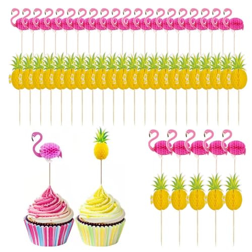 EHDWXVZM 50 Obstspieße, Flamingo & Ananas, 3D-Wabenkugel-Design, Künstlerische Obstteller-Dekoration, Geeignet für Sommer-Strandpartys & Gesellschaftliche Anlässe, Pastellfarben Gelb & Rosa von EHDWXVZM