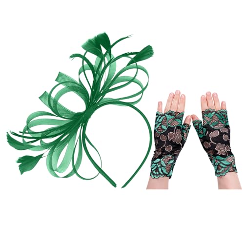 EHDWXVZM 1 Federkopfschmuck, 1 Paar Spitzenhandschuhe, Grüner Hochzeitskopfschmuck, Damenhochzeitshut, Grüner Damenkopfschmuck, Bühnentanzkopfschmuck von EHDWXVZM