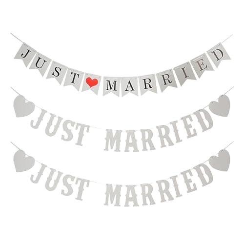 EHDWXVZM 3 Stück „Just Married“-Banner, Hochzeitsdekorationsbanner, Outdoor-Hochzeitsdekorationen, Hochzeitsdekorationsbanner, Hochzeitsraumdekorationsarrangements, „Just Married Love“-Banner von EHDWXVZM
