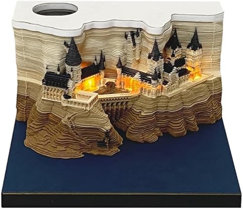 2024 Tischkalender Notizblock 3D DIY Kreative Haftnotizen Papierskulpturen Memoblock Magic Castle Wochenkalender Kunstkalender mit Licht Stifthalter Schreibtisch Ornament Geschenk (A mit Licht) von EHOTER