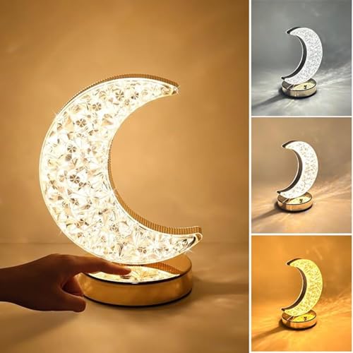 EHOTER Ramadan Deko Stern Mond Lampe, LED Stern Mond Tischlampe Kristall Ramadan Lichter, Ramadan Tischdeko Nachttischlampe 3 Farben Einstellbar, Batteriebetrieben für Muslimische Ramadan von EHOTER
