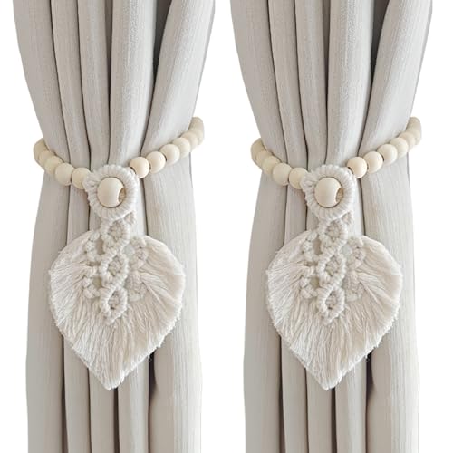 Handgefertigte Boho-Vorhang-Raffhalter mit Quasten, verstellbar, 55 cm, weiche Polyester-Baumwolle, Bauernhaus und böhmische Fensterdekoration (Stil B-Weiß, 2 Stück) von EHYQK
