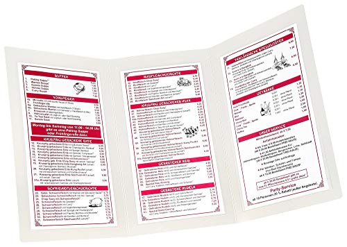 Schmale 3-teilige Speisekarte/Getränkekarte/Klappkarte mit 6 aufgeschweißten Klarsichttaschen (transparent) von Eichner