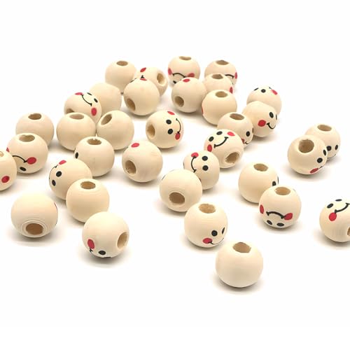 EIHI 100 Stück Smiley-Holzperlen, runde Holzperlen, kreative runde Perlen, 10 mm Holzperlen, geeignet für DIY dekorative Bastelperlen, Schmuckherstellungszubehör für Kinder und Erwachsene von EIHI
