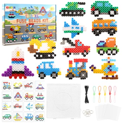 EIKEJI Große 10mm Bügelperlen Fahrzeuge Set, 1500 Stück XL Steckperlen mit Platten, 16 Farben Maxi Bügelperlen, 16 Muster und Bügelpapier, XL Bügelperlen, Kreatives Perlenset für Kinder ab 3 Jahren von EIKEJI