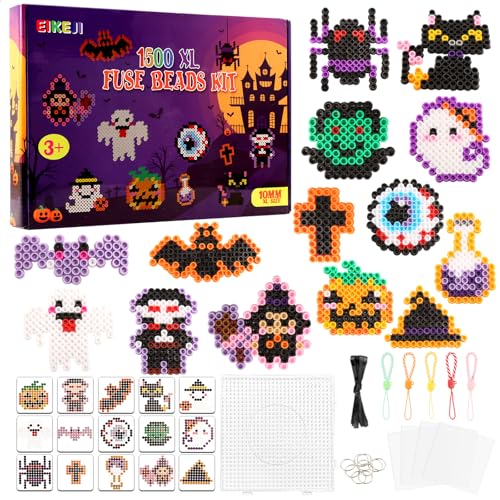 EIKEJI Große 10mm Halloween Bügelperlen Set, 1500 Stück XL Steckperlen mit Platten, 21 Farben Maxi Bügelperlen, 15 Muster und Bügelpapier, XL Bügelperlen, Kreatives Perlenset für Kinder ab 3 Jahren von EIKEJI