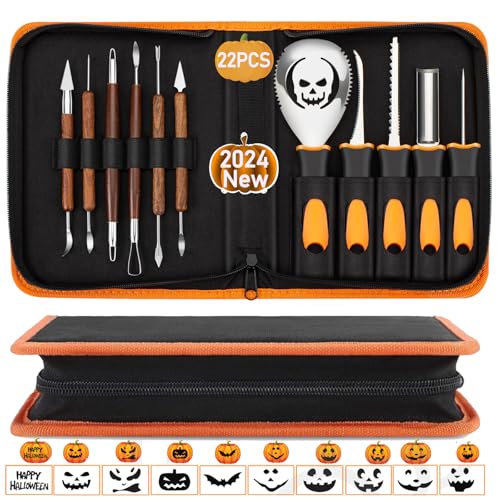 EIKEJI Kürbis Schnitzset, 22 Stück Halloween Kürbis Schnitzwerkzeug DIY Halloween Dekoration Kürbis Schnitzen Set mit Schnitzvorlagen, Edelstahl Kürbis Schnitzmesser für Kinder Erwachsene und Familie von EIKEJI