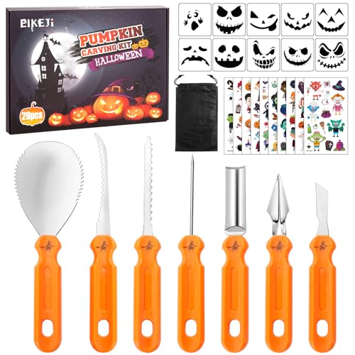 EIKEJI Kürbis Schnitzset, 28 Stück Halloween Kürbis Schnitzwerkzeug DIY Halloween Dekoration Kürbis Schnitzen Set mit Schnitzvorlagen, Edelstahl Kürbis Schnitzmesser für Kinder Erwachsene und Familie von EIKEJI