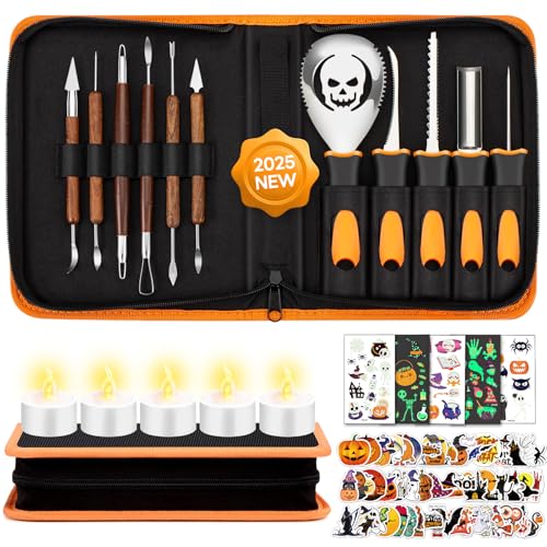 EIKEJI Kürbis Schnitzset, 82Pcs Halloween Kürbis Schnitzwerkzeug DIY Dekoration mit Schnitzvorlagen and 5 LED Kerzenlichter, Edelstahl Kürbis Schnitzmesser für Kinder Erwachsene und Familie von EIKEJI