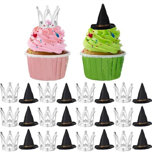 24 Stück schwarze Hexenhut-Kronen-Cupcake-Topper, Mini-Zauberer-Hüte, silberne Krone, Cupcake-Topper, Dekoration, Kuchenzubehör für Halloween, Hochzeit, Geburtstag, Party, Kuchendekorationen (WT03, 24 24 Stück schwarze Hexenhut-Kronen-Cupcake-Topper, Mini-Zauberer-Hüte, silberne Krone, Cupcake-Topper, Dekoration, Kuchenzubehör für Halloween, Hochzeit, Geburtstag, Party, Kuchendekorationen (WT03, 24 von EIRZNGXQ