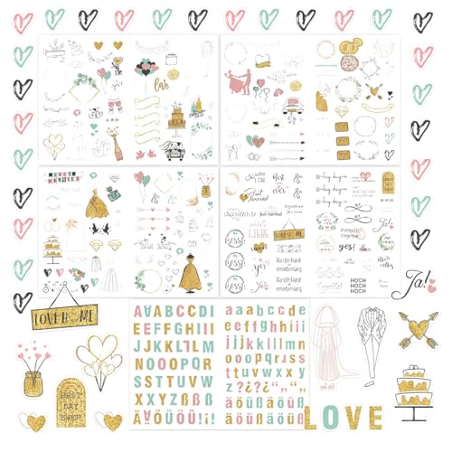 EIYVPRA Sticker Hochzeit Gästebuch (5 Bögen), Vintage Romantisch Hochzeit Sticker für Gästebuch oder Fotoalbum, Gold Vinyl Aufkleber mit viel Liebe (Deutsch, Brief) von EIYVPRA