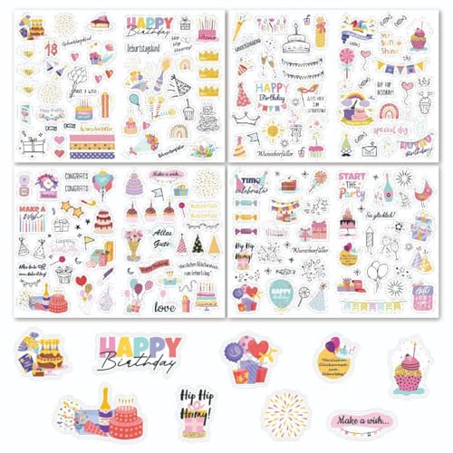 Sticker Geburtstag (4 Bögen 170 Motive), Aufkleber für Fotoalbum oder Gästebuch, Liebevoll gestaltete Geburtstagssticker als Party Deko Erwachsene & Kinder (Deutsch und Englisch,Party Rosa) von EIYVPRA