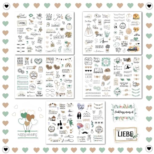 Sticker Hochzeit Gästebuch(5 Bögen 266 Aufkleber),Perfektes Sticker Set für Fotoalbum Hochzeit,Vintage Hochzeit Aufkleber für Gästebuch oder Fotoalbum mit viel Liebe(Deutsch&Englisch,Goldgrün Stil) von EIYVPRA