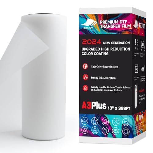 EIZYCUT DTF Transferfolienrolle, 33 cm x 100 m, A3 Plus Premium DTF Filmrolle, doppelseitig, matt, PET-Wärmeübertragung, DTF-Papierrolle für alle dunklen Stoffe, Textilien und Farben, T-Shirts von EIZYCUT