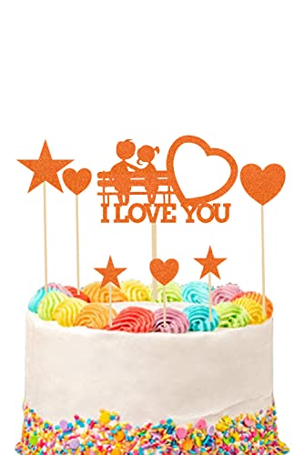 EKAM Tortenaufsatz "I Love You", glitzernder Valentinstagskuchenaufsatz, Hochzeitstag, niedliches Paar, 400 g/m² Glitzerkarton (orange) von EKAM