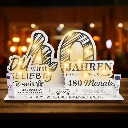2025 Originelle 40 Geldgeschenke Geburtstag- Gästebuch Holz mit LED Lichterkette Ständer, 40 Geburtstag Frauen & Männer, Holz-Schild Personalisiertes Geschenke für Geburtstage, Jubiläum von EKKONG