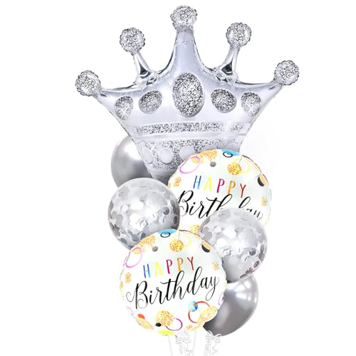 7 Stück Krone Ballon Silber, Konfetti Ballons Krone Luftballons Geburtstag Silber Luftballons Helium GeburtstagParty Deko für Mädchen Damen von EKKONG