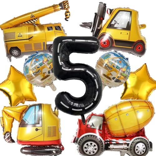Baustelle Geburtstag Deko, Bagger Luftballons Geburtstagsdeko Folienballon Kinder - 4 Baustellen Auto Ballons, 2 Runde Ballons, 2 Sternballons, 1 Nummer Ballon 3/4/5 Jahre von EKKONG
