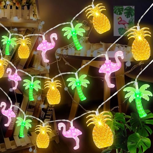 EKKONG Lichterkette Hawaii Sommer Lichterketten 20 Led 9.84Ft Tropische Fairy Lights mit Ananas Flamingo Palmen Muster für Innen und Außen Hawaii Party, Sommerfest, Strand Deko von EKKONG