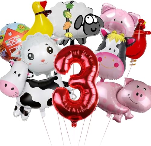 EKKONG Luftballons Tiere, Folienballon Bauernhoftiere Geburtstagsdeko Bauernhof Tiere 10 Stück Luftballon für 1/2/3 Jahre Kinder-Partydekorationen zum Thema Bauernhoftiere (3 Jahre) von EKKONG