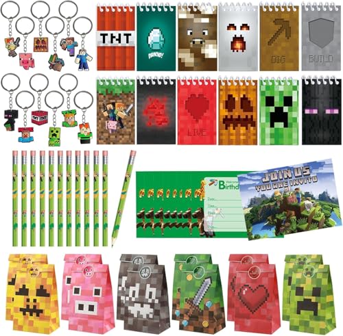 EKKONG Miner Gaming Party Bag Fillers, Birthday Party Supplies, Miner Party Favors with Keychain Party Bags Pencils Invitations Cards Notebook, Game Decorations for Kids, Birthday Gift Fillers von EKKONG