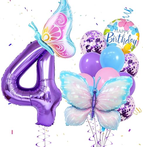 EKKONG Schmetterling Luftballon, 13 Stücke Luftballons Schmetterlinge Deko Geburtstag Mädchen Geburtstagsdeko Kinder für 3/4/5 Jahre Mädchen Schmetterling Geburtstag Party Dekorative Vorräte (4 Jahre) von EKKONG