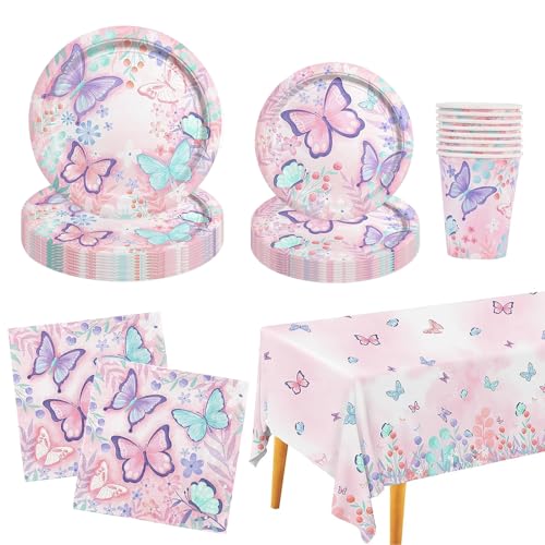 EKKONG Schmetterling Partygeschirr 51 Stück Schmetterlinge Pappteller Kindergeburtstag Set für Jubiläum Geburtstag Picknick-7''/9''Pappteller, Servietten, Tischdecke, Pappbecher EKKONG Schmetterling Partygeschirr 51 Stück Schmetterlinge Pappteller Kindergeburtstag Set für Jubiläum Geburtstag Picknick-7''/9''Pappteller, Servietten, Tischdecke, Pappbecher von EKKONG