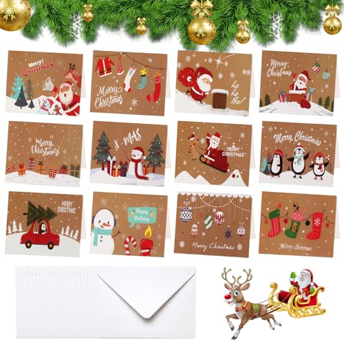 Weihnachtskarten mit Umschlägen, 24er Set Weihnachten Klappkarten Blanko, Weihnachtskarte mit Umschlag, Grußkarte für Weihnachten, Weihnachtspostkarten für Familie Freunde Kunden von EKKONG