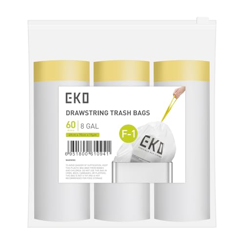 EKO Extra starke Müllbeutel mit Kordelzug, 60 Stück, transparent, weiß, Code F-1, extra lang, passgenau, Doppelfach-Recycler von EKO