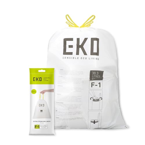 EKO Größe F-1 Müllbeutel (30.3L), extra starke Müllsäcke mit Zugband für Küche, 20 Beutel, weiß, Perfekte Passform für Recycling-Mülleimer mit mehreren Fächern von EKO
