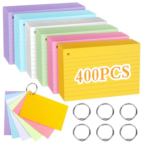 Karteikarten mit Ring 400 Stück Liniert Flash Cards, 6 Farben Vokabelkarten Bunt Lernkarten mit 6 Binderinge für Büro Schule Zuhause und Lernen Notizen von EKOCEV