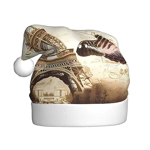 EKYOSHCZ Vintage Paris Eiffelturm Schmetterling Weihnachtsmann Hut für Erwachsene Weihnachtsmütze Xmas Urlaub Hut für Neujahr Party Supplies von EKYOSHCZ