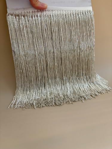 Hochwertige silberfarbene Perlenfransenborte für Haute Couture, Tanzkostüm, Party-Dekorationen, Bugle Bead Fransenbordüre, 20 cm breit, 4,5 m Packung Hochwertige silberfarbene Perlenfransenborte für Haute Couture, Tanzkostüm, Party-Dekorationen, Bugle Bead Fransenbordüre, 20 cm breit, 4,5 m Packung von EL CLASICO OVERSEAS