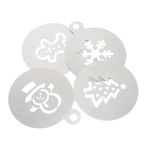 ELAYARD 4 Stk. Weihnachtliche Kuchendekorations Schablonen Teilig Edelstahl Kaffeeschablonen für Backen und Kakaopulver Cappuccino Verzierung Lebkuchen Schneeflocken Schneemann Design von ELAYARD