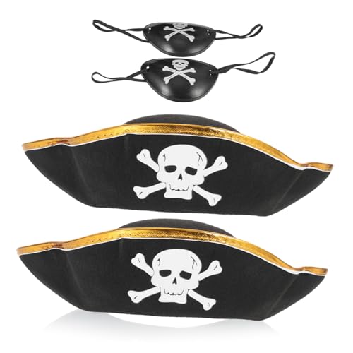 ELAYARD 4 Stück Piratenhut -Augenmaske Mädchen Dame Piratenzubehör Kostüme Piratenhut und Augenklappe Captain Cap Piratenkostümhüte Stoff Schwarz von ELAYARD