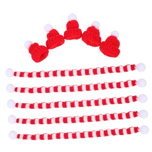 ELAYARD 5 Sätze Mini Weihnachtsmützen und Schals für Flaschen Teiliges Rote Strickmützen und Weiße Pompons Weihnachts Flaschendeko für Rotwein Tischdekoration Festliche Partyaccessoires von ELAYARD