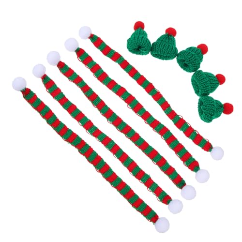 ELAYARD 5 Sätze Weihnachtliche Flaschenmützen und Mini Schals Teilig Grüne Häkelmützen mit Roten Kugeln Rote und Grüne Schals Festliche Flaschen Deko für Xmas Party und Weinliebhaber von ELAYARD
